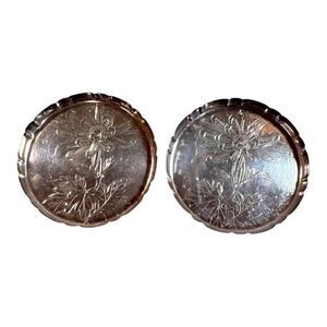 Antique Pair K Hattori Pure Silver Japan Floral Engraved Coasters 3" Lot 2 58g